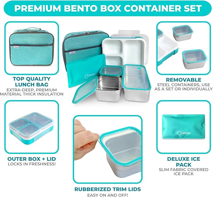 Stainless Steel Bento Lunch Box Set For Adults, Kids - Insulated Bag And Ice Pack - Leak-Proof Metal Compartment Meal Prep Food & Snack Containers For Work Travel School Daycare, 42 Oz Teal Blue