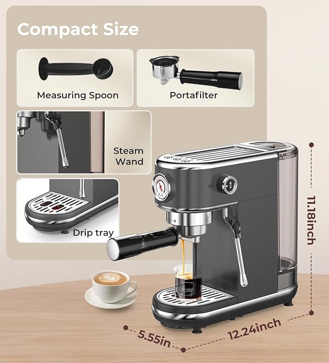 atatix 20 Bar Espresso Machine with Milk Frother, Compact Espresso Maker, Stainless Steel Coffee Machine with Precise Temp Control & 44oz Removable Water Tank for Latte, Cappuccino, Dark Grey