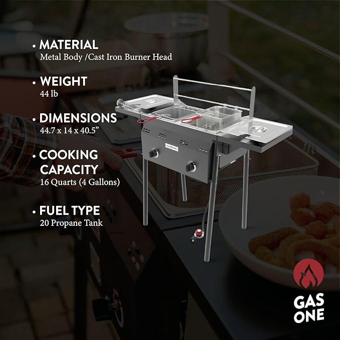 GasOne B-5850A Outdoor Propane Deep Fryer - Double Burners, 16 Qt Removable Baskets & Lids, Oil Fryer Cart with Thermometer & Regulator - Perfect for Outdoor Cooking