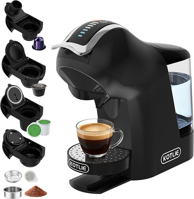 KOTLIE EM-308B Espresso Machine, Single Serve Coffee Maker Compatible with Multiple Capsule Types, Ground Coffee, and ESE Pods, 3 Temperatures, 7 Water Volume Levels, 34 Oz (Black)
