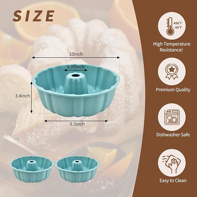 PADELE 2 Pack Silicone Cake Pan Nonstick,10 Inch, Silicone Cake Molds,Pound Cake Pan, Baking for Jello,Gelatin,Cake,Brownie and Bread (Blue+Blue)