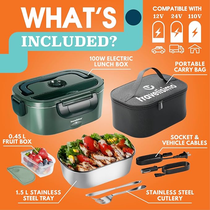 TRAVELISIMO Electric Lunch Box for Adults 100W Heated Lunch Box For Men 1.5L Stainless Steel Portable Food Warmer, 12/24/110V for Travel & Work, Loncheras Electricas Para Calentar almuerzo