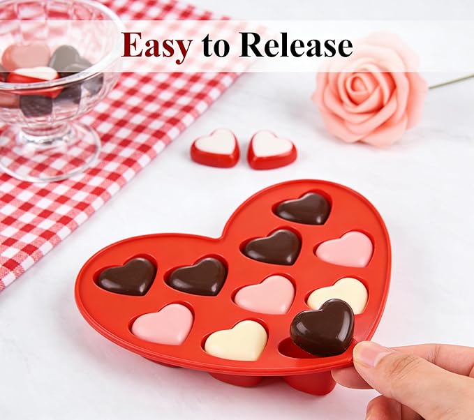 4 Pack 10-Cavity Heart Silicone Molds Non-Stick Food Grade Reusable Baking Molds for Chocolate Candy Gummy Jello Ice Cube Soap DIY Valentine's Day Craft Making