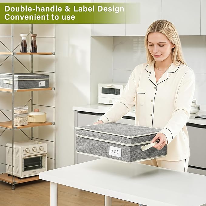 2 Pack Mug Storage Box with Dividers,Grey Cup Organizer for Tea Cup,Coffee Mug,Glass Cups,Coffee Cup Storage with Handles,Stackable Storage Case with Hard Shell Dividers,Each Holds 12 Cups