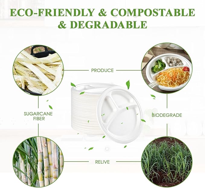 Vplus 100% Compostable Paper Plates, 500 Pack 10 Inch 3 Compartment Plates Disposable, Heavy Duty Biodegradable, Made of Sugar Cane Fibers, for Daily meals, Dinner, Parties, BBQ
