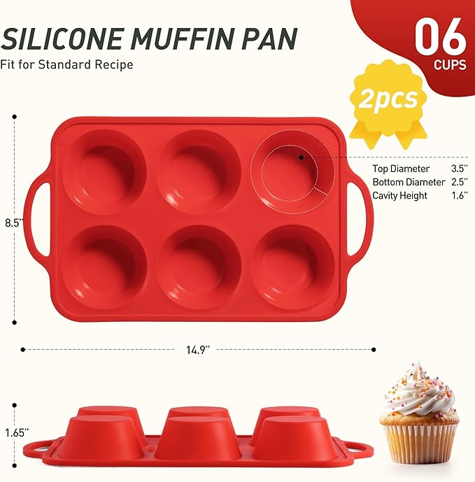 Socisen 2 Packs 6 Cups Silicone Muffin Pan with Metal Reinforced Frame Jumbo Size Cupcake Pan Tray Egg Bites Cookie Molds Muffin Tin Tart Pans Moldes De Silicona Para Gelatina Hornear Flan Chocoflan