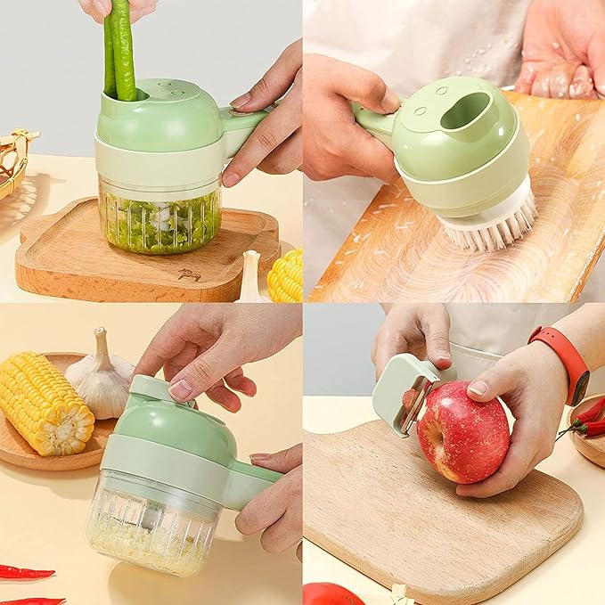 4 in 1Handheld Electric Vegetable Cutter,Wireless Food Processor,Mini Wireless Electric Garlic Mud Masher for Garlic Pepper Chili Onion Celery Ginger Meat with Brush