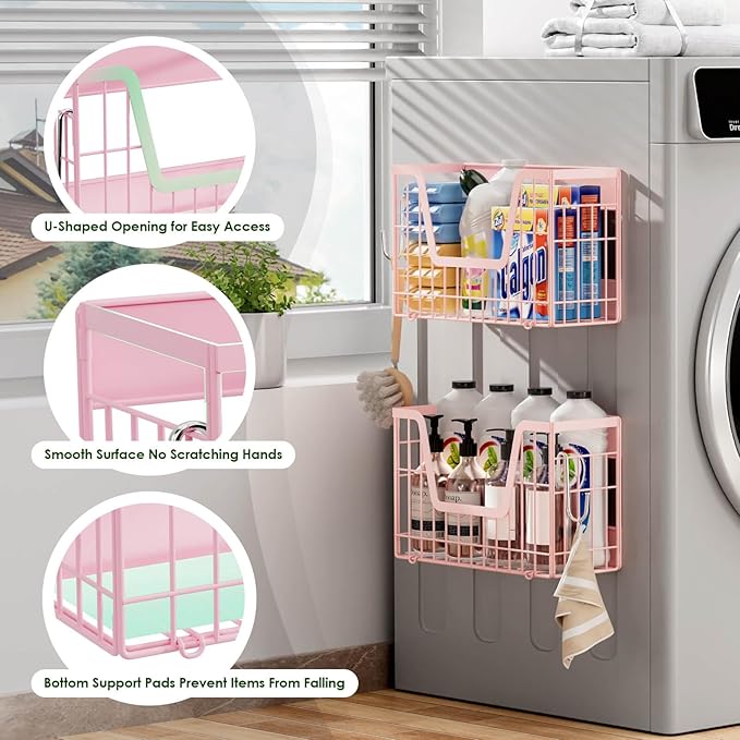 Pink Magnetic Shelf for Fridge, 2 Set Magnetic Fruit Baskets for Refrigerator Magnet Shelves, Potato and Onion Storage Bins, Magnet Holder Wire Basket for Laundry Room Pantry Kitchen Organizer