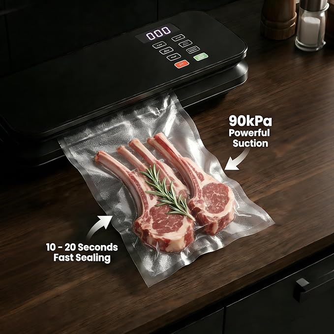 Food Vacuum Sealer Machine, 90KPA with Kitchen Scale, One-Touch Automatic, Multiple Modes, with 10 Sealer Bags and 1 Roll, Built-in Cutter, Black