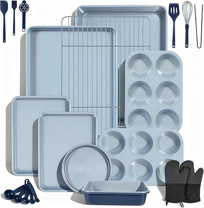 Ammeloo 22-Piece Baking Pans Set Stackable Bakeware Non Stick Baking Set Non Toxic Oven Pans, Including Roasting Pan, Cookie Sheets, Muffin Pans, Cake Pans, Oven Mitts and Utensils(Gray & Navy Blue)