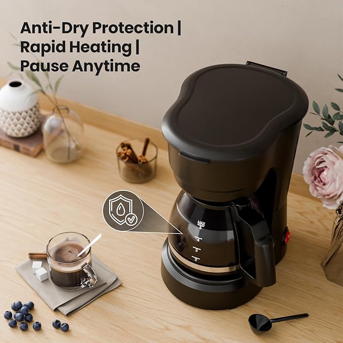 Kismile 5 Cup Coffee Maker, 0.75L Small Drip Coffee Machine with Anti-Drip Design, Dry Burn Protection, Removable Filter Funnel, Easy Mechanical Switch, Black