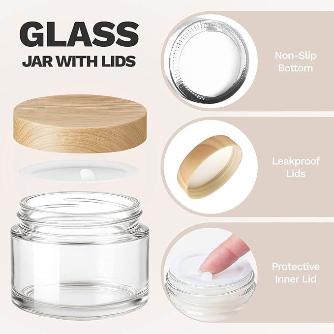 1 oz Glass Jars with Plastic Woodgrain Lids, Bumobum 48 pack Round Clear Cream Jars with Black and White Labels & Inner Liners, Empty Cosmetic Containers for Cream, Lotion, Ointment