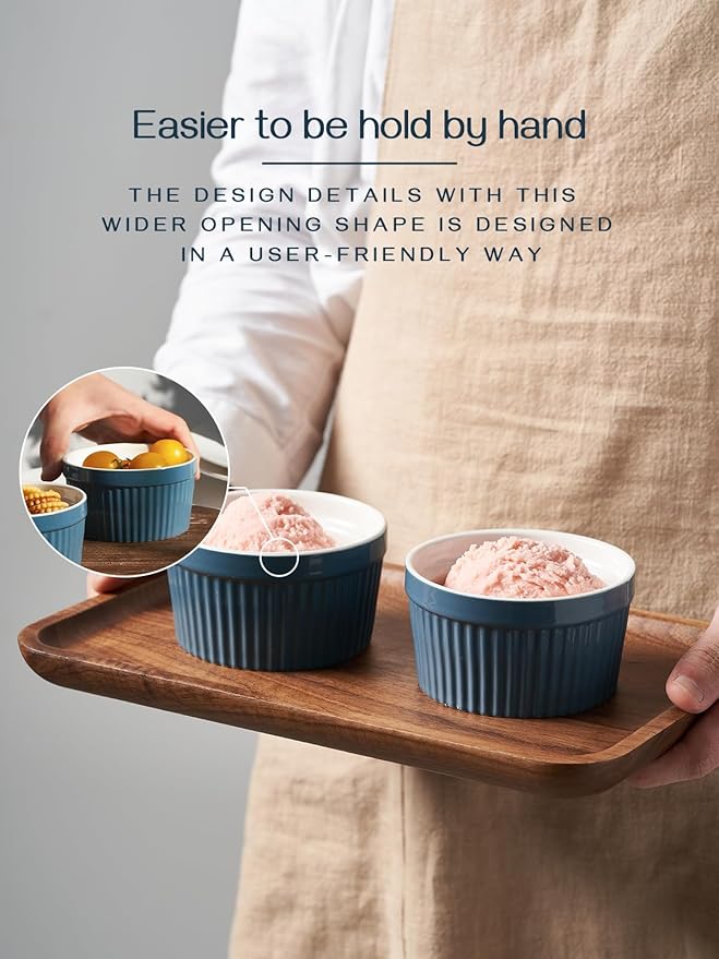 DOWAN 8 oz Porcelain Ramekins Bowls for Souffle, Creme Brulee, Classic Style Ramekins for Baking Oven Safe, Set of 6, Airy Blue