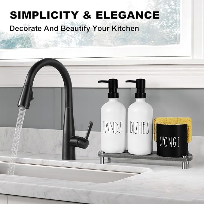 ALPIRIRAL Kitchen Soap Dispenser Set,16.9 fl oz Hand and Dish Soap Dispensers with Tray, Kitchen Soap Dispenser Set with Sponge Holder, Instant Dry Tray,Kitchen Decor(White&Black)