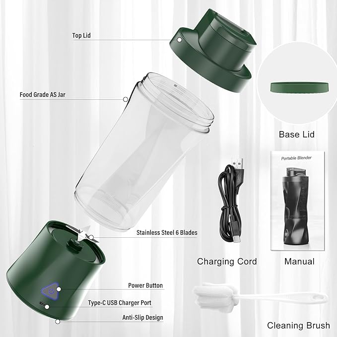 Portable Blender, 360W Personal Blender for Shakes and Smoothies for Kitchen, 24 Oz BPA Free Traveling Juicer Cup and Lid with 6 Blades, Self Cleaning Portable Juicer for Kitchen/Travel/Gym, Green