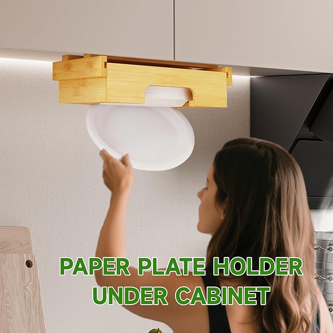 Paper Plate Dispenser Under Cabinet 9 inch Bamboo Paper Plate Dispenser, Kitchen Counter Vertical Holder Organizer Countertop Caddy (9 Inch Natural)