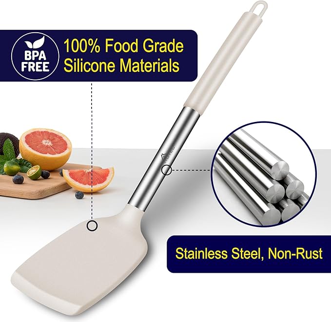 HOTEC Silicone Spatula Set of 2 Heat-Resistant 600°F & BPA-Free Kitchen SaptulaTurner with Stainless Steel Handles, Slotted & Solid Spatulas for Nonstick Cookware, 13.7 Inch, Khaki