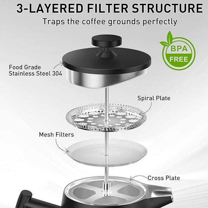 Secura 50oz French Press Coffee Maker – 304 Stainless Steel, Insulated Coffee Press with Extra Filter, Black