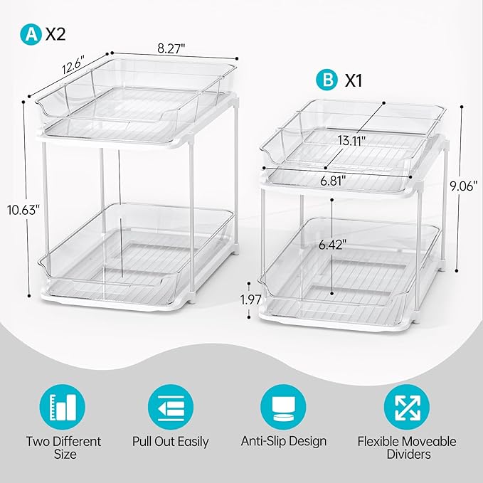 Delamu 3 Pack 2-Tier Bathroom Under Sink Organizers and Storage, Multi-Purpose Stackable Pantry Organization and Storage, Pull Out Clear Kitchen Bathroom Cabinet Organizer with Movable Dividers, White