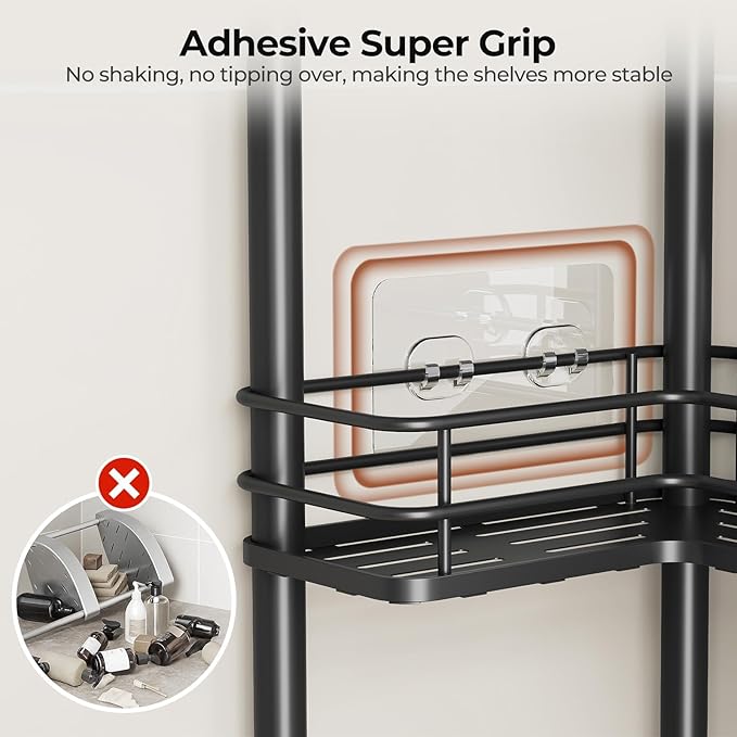 Orimade Rustproof 2 Tier Floor Standing Corner Shower Caddy Organizer with Toothbrush Holder, Large Spacing Floor Shower Shelf Rack Storage Stands with Hooks for Bathroom Kitchen, Black