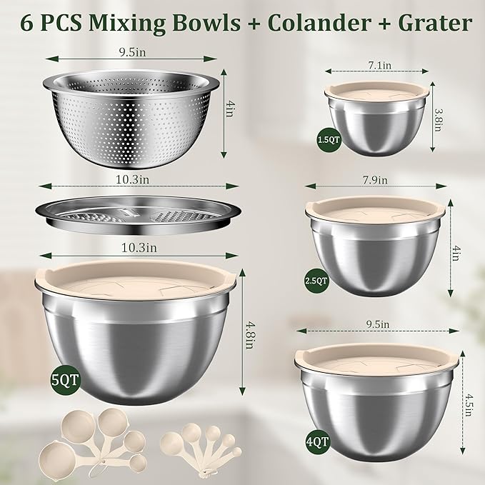 Mixing Bowls with Lids Set, 16PCS Stainless Steel Mixing Bowls,Nesting Storage Bowls for Kitchen with Mixing Bowls Set, Colander, Strainer & Grater , Metal Salad Bowl for Kitchen Gadgets , Cream