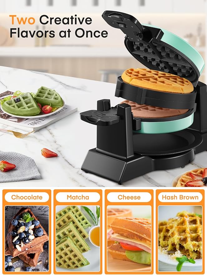 Waffle Maker, 1400W Double Belgian Waffle Iron 180° Flip, 8 Slices in 3 Mins, Rotating & Nonstick Plates, Anti-Scald, Removable Drip Tray Easy to Clean, Cool Touch Handle, Space-Saving (Mint Blue)