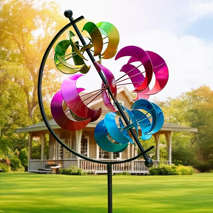 Large Metal Wind Spinner for Garden and Yard – 63 Inch Kinetic Outdoor Sculpture with Dual Direction 360° Spinning Blades – Weather Resistant Moons Yard Art Decor for Patio, Lawn, and Porch