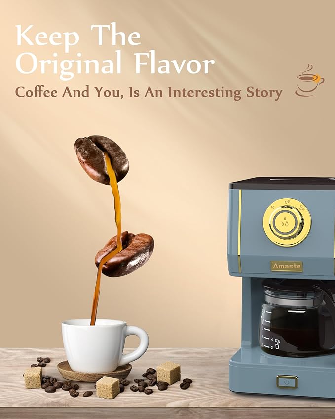Amaste Coffee Maker, 5 Cup Coffee Pot with Three Brewing Modes, Retro Coffee Maker with Glass Carafe & Reusable Coffee Filter, Drip Coffee Maker Ideal for Home or Office, Warming Plate, Ash Blue