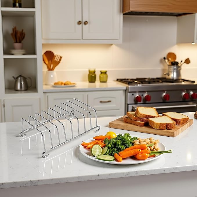 Silver 8 Holes Stainless Steel Tool Toast Cooling Grid Bread Rack Rectangle Air Fryer Accessories Organizer Safe Healthy Stainless Steel Toast Rack Baking Tools and Accessories, Cooling Racks