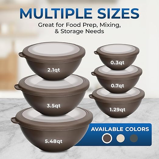 Bakken Master 12 Piece Plastic Nesting Bowls with Lids - Mixing Bowls Set includes 6 Prep Bowls and 6 Lids, BPA-Free, Reusable Meal Prep Containers, Microwave, Freezer & Dishwasher Safe, Brown