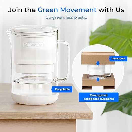 Waterdrop PT-09W 10-Cup Large Glass Water Filter Pitcher, Eco-Friendly, NSF/ANSI 53, 42 & 372 Certified Filter, Reduces PFOA/PFOS, Chlorine, Cadmium, Copper & Mercury, BPA-Free, Easy to Clean, White