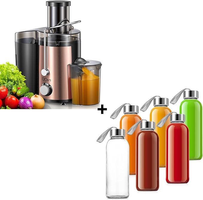 QCen 800W Juicer Machine Rose Gold and 6PCS Glass Bottle Bundle