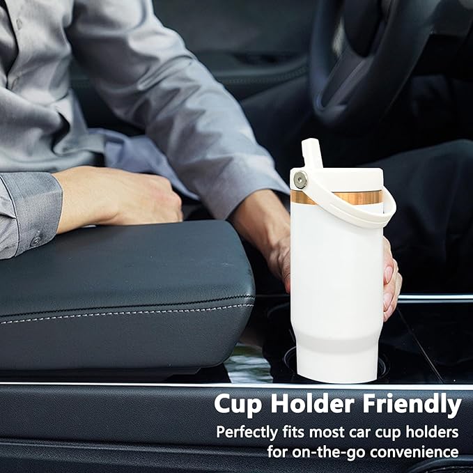 30 oz Tumbler with Handle and Straw, Vacuum Insulated Tumblers with Flip Straw and Top Handle, Leakproof Powder Coated Tumbler, Stainless Steel Travel Mug for Coffee Water (White, 1 Pack)