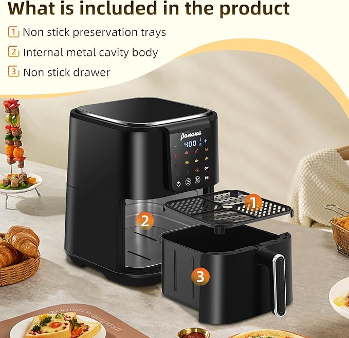 Panana Air Fryer, 6.3QT Large Capacity Air Fryer, Oilless Healty Cooker Airfryer Oven with 12 Presets, 1500W Air Fryers for Quick Meal, Home Use (Black)