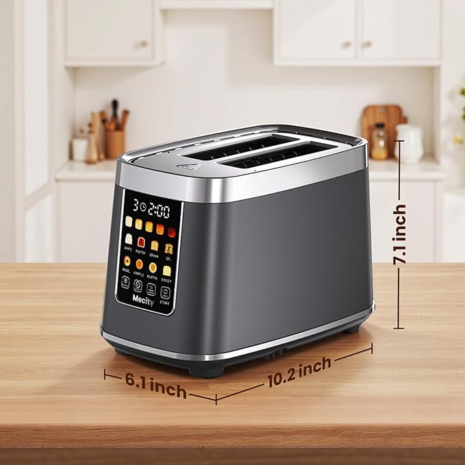 Mecity 2 Slice Toaster with Touch Screen & Auto Lift, Stainless Steel Cool-Touch Toaster with 8 Bread Settings, 5 Shade Levels, 1200W High Power, Keep Warm & Reheat Function, Metallic Grey, 120V