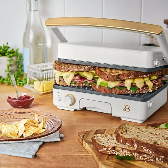 Panini Press Indoor Grill 1 2-in-1200W Non-Stick Removable Plates Sandwich Maker by Drew Barrymoree. (White Icing)