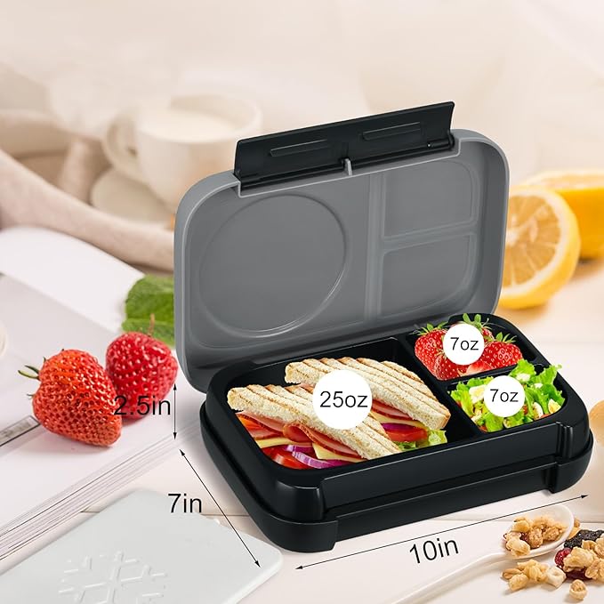 Bento Box for Kids,Kids Bento Lunch Box with Built-in Ice Pack for School,3 Compartments Leak Proof Lunch Container with Utensils for Girl Boy;BPA Free,Microwave & Dishwasher Safe, 44oz(Black)