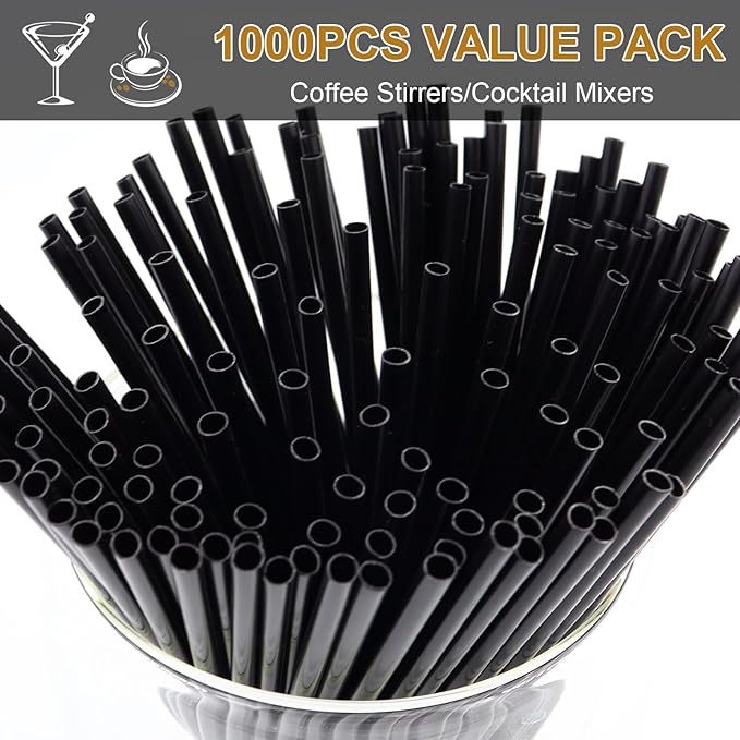SONGNASS [1000 Count] 5 Inch Black Disposable Plastic Coffee Stirrers,Cocktail Swizzle Sticks, Sip Stir Stick Beverage Stirrers For Hot