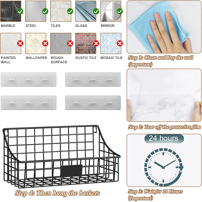 Hanging Wall Wire Basket-4Pack,Large Metal Organizer Baskets & Bathroom Shower Shelf with 4 Adhesive Hooks+5 S Hook, Wall Mounted Baskets & Shelves for Bathroom, Kitchen Storage