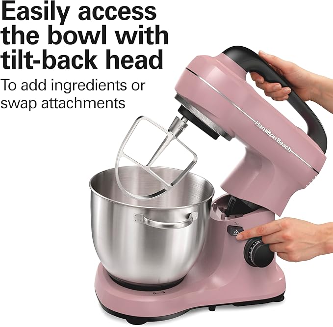 Hamilton Beach Electric Stand Mixer, 4 Quarts, Dough Hook, Flat Beater Attachments, Splash Guard, 7 Speeds with Whisk, Easy-Carry Top Handle, Pink