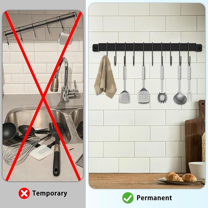 Kitchen Hanger Wall Mounted with 10 Hooks, Wrought Iron Kitchen Rail Utensil Holder Rack, Hanging Pots, Pans, Coffee Mug, Black, 17", 1 Pcs