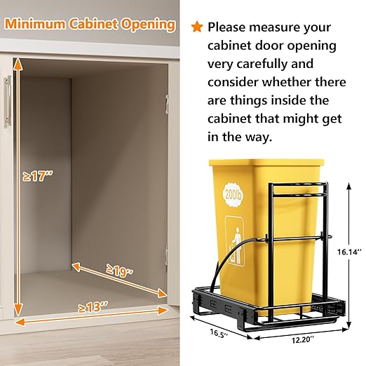 ANASTA Single Pull Out Trash Can Under Cabinet 7-13 Gal, Heavy Duty Under Sink Garbage Can, 50Qt Slide Out Waste Bin for 13" Wx 17" Hx 19" D Base Cabinet, Trash Bin Holder for Drawer/Counter, No Can