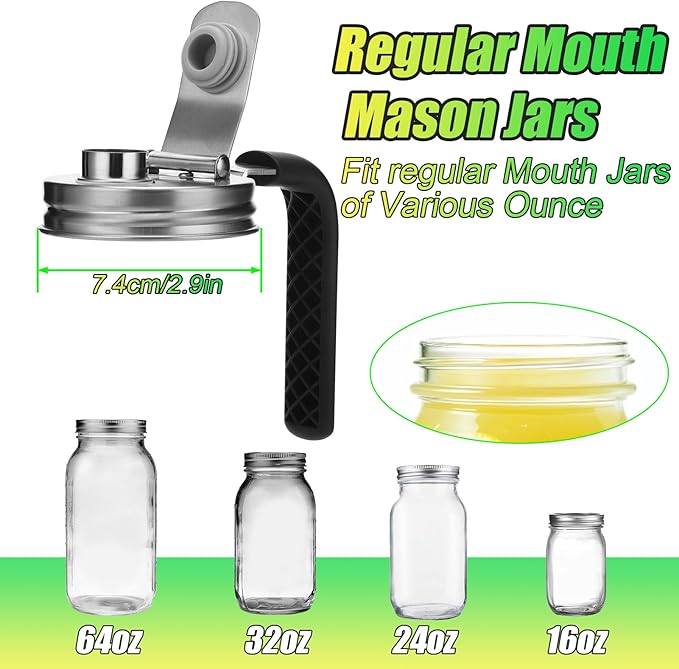 Mason Jar Pour Spout Lid Stainless Steel with Handle, Regular Mouth Pour Spout Flip Cap Lids for Mason Jars, Anticracking Leak Proof Seal Cover Airtight for Drinking Salad Dressing Food Storing(4PCS)