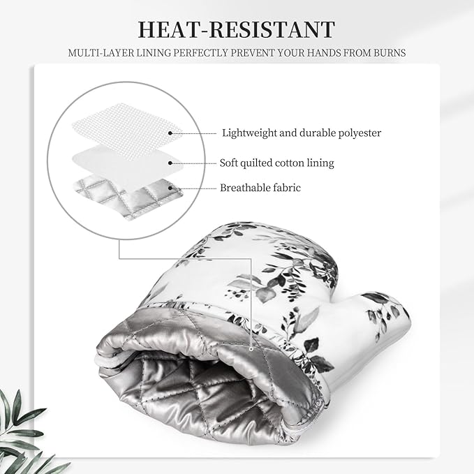 Black and White Eucalyptus Oven Mitts and Pot Holders Set, 4pcs Silicone Grey Watercolor Plant Leaves Oven Glove for Kitchen Heat Resistant Oven Mitts and Potholders Non-Slip for Cooking