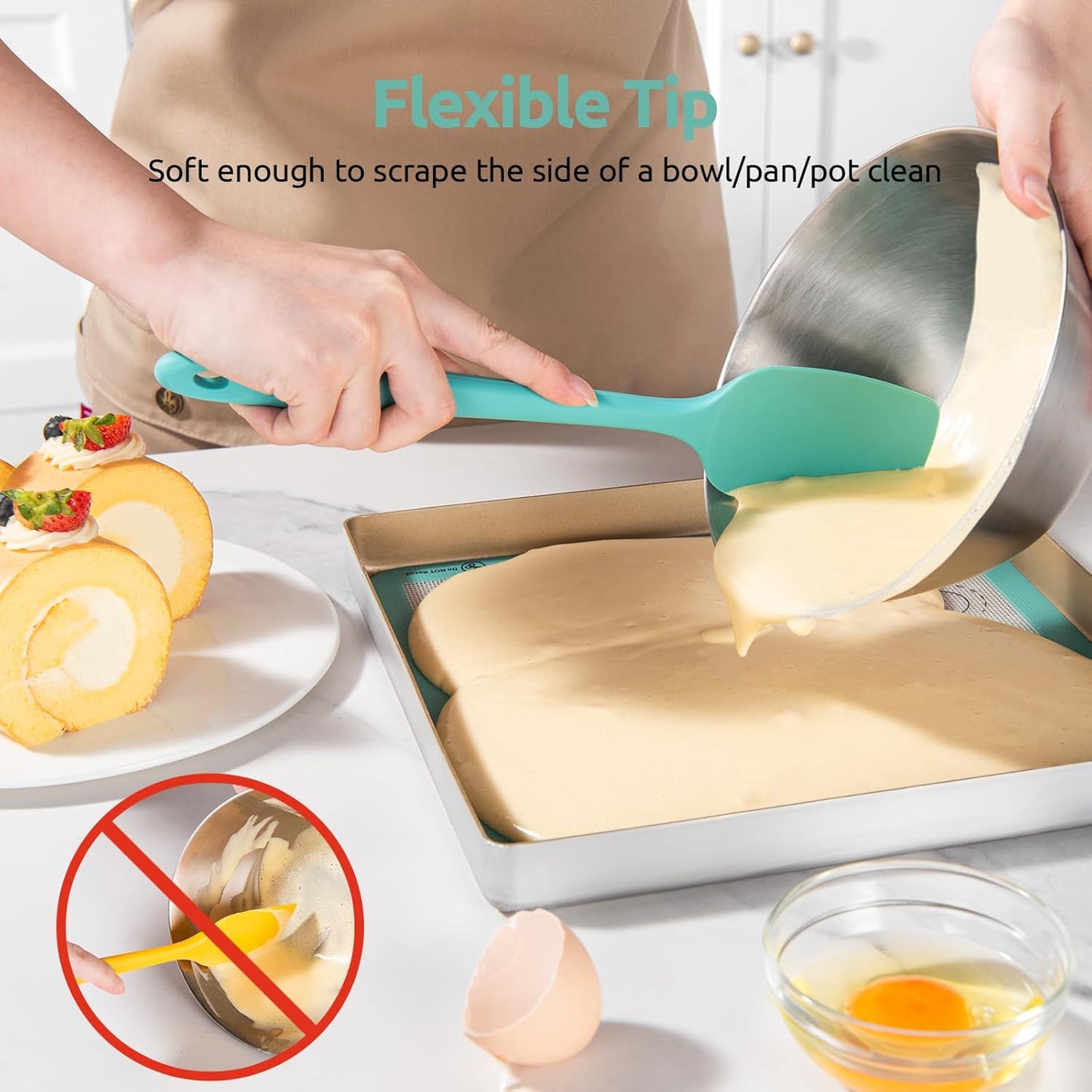 U-Taste Silicone Spoon Spatula Set: 480ºF Heat Resistant Food Grade Flexible Rubber Spoonula, Nonstick Cooking Mixing Scooping Kitchen Baking Scraper Utensils Set of 3 for Pan, Pot, Bowl (Aqua Sky)
