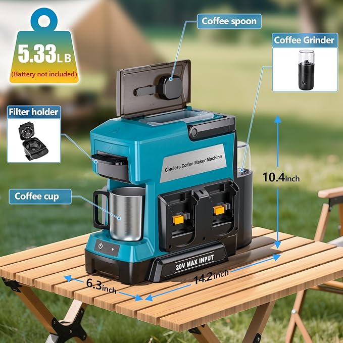 Taingwei Cordless Coffee Maker for Makita 18V Battery, Portable Drip Coffee Maker with Electric Coffee Grinder for RV, Camping, Travel, Car, Hiking (Battery Not Included)
