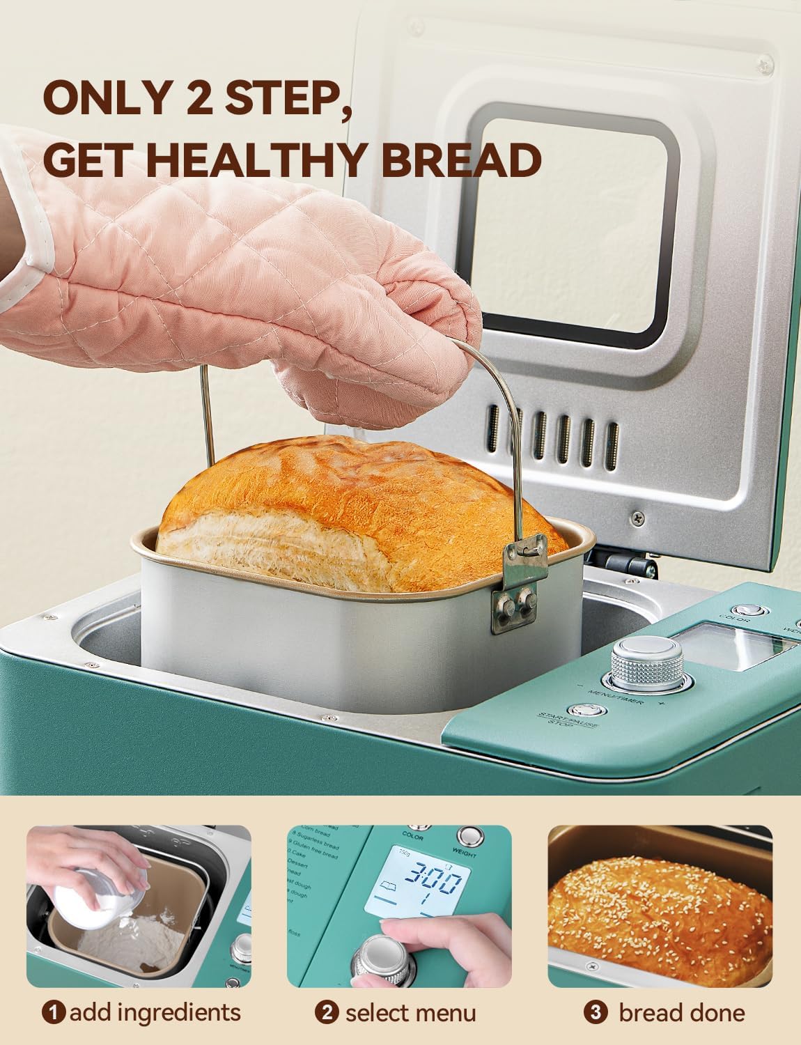 Neretva Bread Maker, 20-IN-1 2LB Bread Machine Dual Heater Bread Maker Machine Automatic with Nonstick Ceramic Pan, 15H Timer & 1H Keep Warm Set, Low Noise, Stainless Steel Breadmaker Recipe-Green