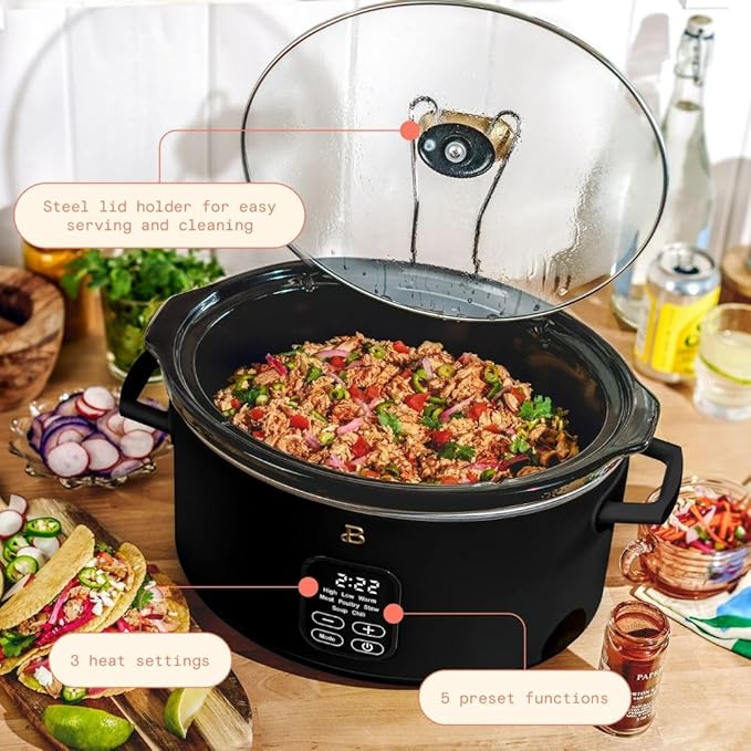 Beautiful 6 Qt Programmable Slow Cooker by Drew Barrymore -5 Preset Cooking Functions, Digital Countdown Timer, Dishwasher-Safe Parts and Cool-Touch Handles (Black Sesame)