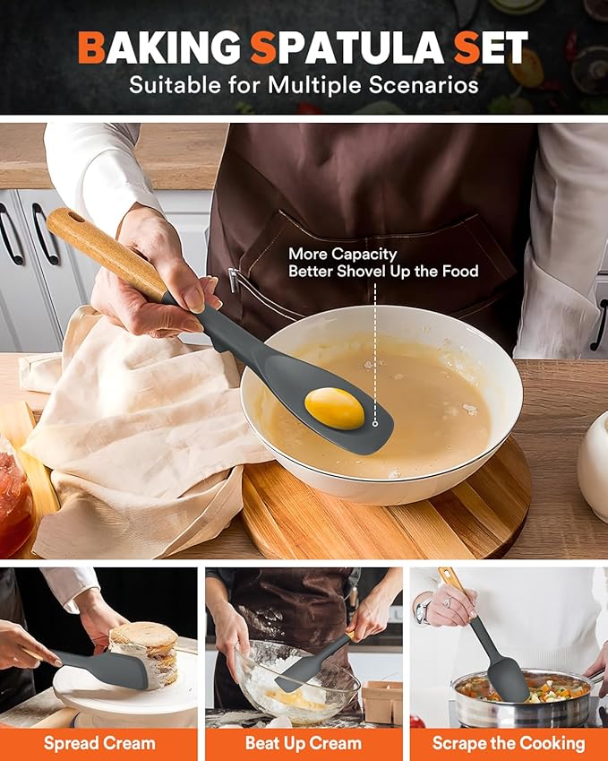 Silicone Spatula Spoon Set, Great for Mixing, Folding, Scraping, and Spreading, Sturdy BPA-Free Matte Silicone, Wooden Handle Rubber Spoonula for Nonstick Cookwares,4 Pack (GREY)