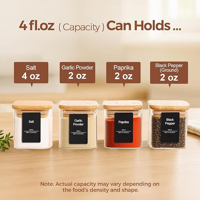 ComSaf Spice Jars with Labels 4 oz 6Pack, Small Spice Containers Starter Set, Glass Seasoning Jars with Lids, Square Seasoning Containers for Salt, Pepper, Chili Powder, Sugar, Ginger Ground, Cumin